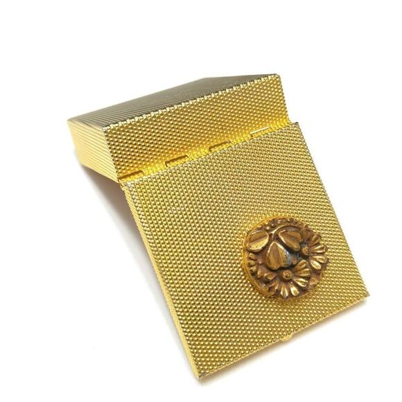 Vintage Flower Pill Box, Textured Gold Tone, Push Button Clasp, 1 3/8 Inches - Picture 4 of 10